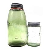 (2) Green Glass Mason Jars 9.25" and Smaller