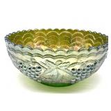 Green Carnival Glass Bowl with Grapevine Pattern