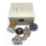 Vintage Jewelry Box, Brooches, Atomizer Bottle,