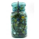 Marbles in Lidded Blue Glass America Bicentennial