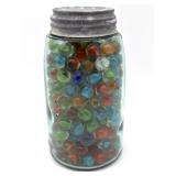 Marbles in Vintage Ball Mason Blue Glass Jar