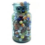 Marbles in Vintage Ball Ideal Blue Glass Jar