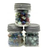 Marbles in (3) Small Vintage Glass Jars
