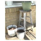 Enamel Pail, Concrete Planter, Plastic Pots, and