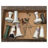Antique Porcelain and Brass Hat Pin Holder Vases