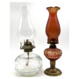 (2) Vintage Glass Oil Lamps 14" Tall and Smaller