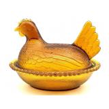 Vintage Amber Glass Hen on Nest Dish 7" x 5.5" x