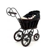 Small Porcelain Head Doll in Wood Carriage -