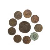 1816 Large Cent and (9) Indian Head Cents