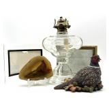 Glass Oil Lamp, Hand Painted Pheasant on Agate