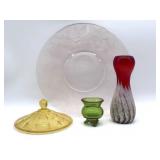 Pink Depression Glass Platter, Amber Glass Lid,