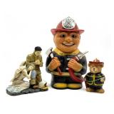 Fireman Plastic Cookie Jar and (2) Fireman Resin