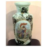 Antique Green Hand-Blown Glass Vase 12.5"