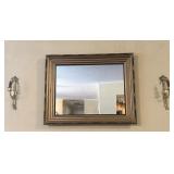 Vintage Brass Candlesticks and Wood Framed Mirror