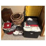 Vintage Linens, Wicker Baskets, Suitcase, and