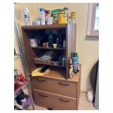 Wooden Filing Cabinet, Shelf & Contents