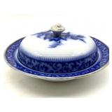 Antique Flow Blue Porcelain Round Lidded Dish
