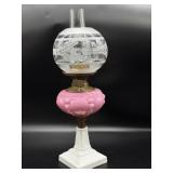 Antique Milk Glass and Pink Oil Lamp with Etched