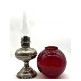 Antique Metal Oil Lamp and Red Glass Shade Globe