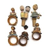 Vintage Wood Figural Napkin Rings and Wood Figure