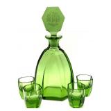 Art Deco Green Glass Decanter Bottle with Etched