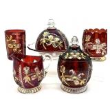 Antique Paneled Dogwood Ruby and Gold Painted