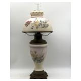 Antique Floral Satin Glass Oil Lamp with Faun