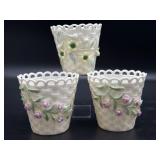 Vintage Belleek Basketweave Raised Floral Vases