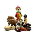 Wood Elephants, Wood Birds, Clown Coin Bank, and