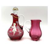 Antique Handblown Cranberry Glass Enamel Painted