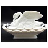 Vintage Swan on Nest Milk Glass Lattice Edge