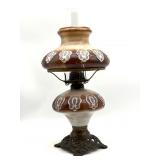 Antique Milk Glass and Brown Painted Oil Lamp