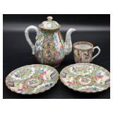 Antique Rose Medallion Porcelain Teapot, Cup, and
