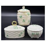 Vintage Belleek Barrel Shamrock Marmalade/Jam Jar