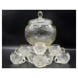 Antique Lidded Etched Crystal Punch Bowl and Cup