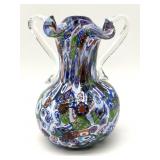 Millefiori Murano Art Glass Handled Vase 5.25"
