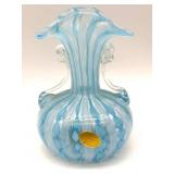 Latticino Murano Art Glass Handled Vase 5.5" Tall