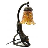 Art Glass Shade on Cat Shaped Metal Lamp Base 15"