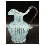 Latticino Murano Art Glass Blue Pitcher 5.25"