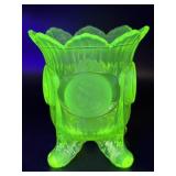Uranium Coin Pattern Footed Glass Spooner 5" Tall