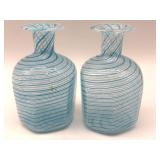 Latticino Murano Art Glass Blue Small Vases 4"