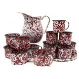 Red and White Enamelware Pitcher, Cups, and Plate