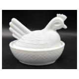 Vintage Milk Glass Hen on Nest Lidded Dish 4.25"