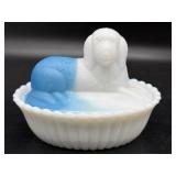 Vintage Dog on Nest Blue and Milk Glass Dish 5.5"