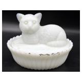 Vintage Westmoreland Milk Glass Cat on Nest