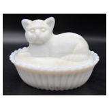 Vintage Westmoreland Milk Glass Cat on Nest