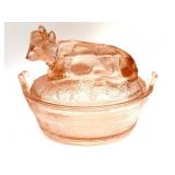Vintage Pink Glass Cow on Nest Dish 5.25" x 4" x