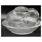 Vintage Rabbit on Nest Glass Dish 7" x 5.5" x