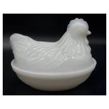 Vintage Milk Glass Hen on Nest Glass Dish 4.5" x