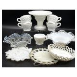 Milk Glass Punchbowl Stand, Cups, Silver Crest